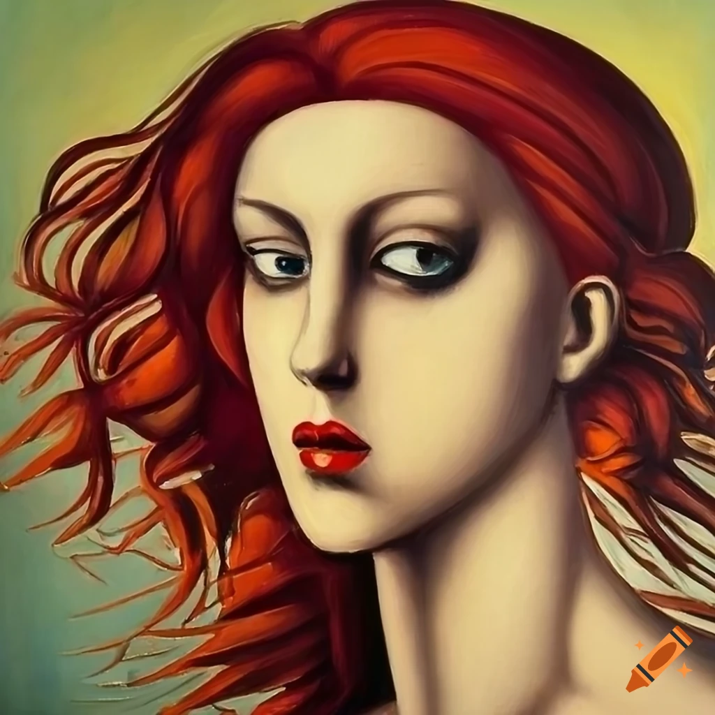 A woman with red hair in the style of tamara de lempicka on Craiyon