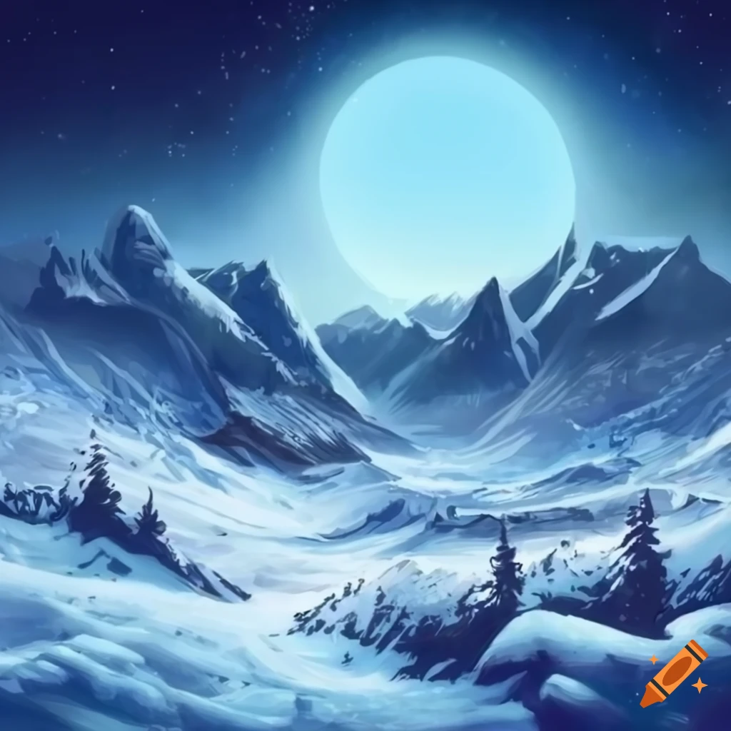 Fantasy art style, rolling snowfields stretch to the mountains on Craiyon