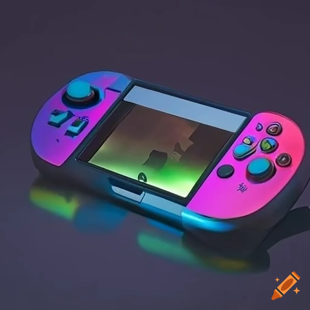 A sleek handheld gaming device with vibrant display on Craiyon