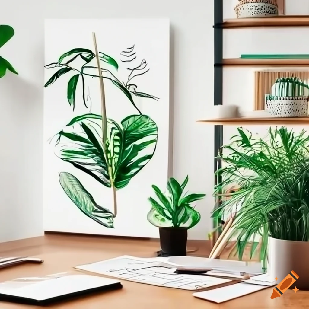 Creative workspace with plant, technical drawing, and branded wall