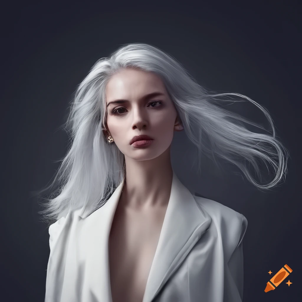 High res photo, woman, long white hair, white jacket, black pants, hd