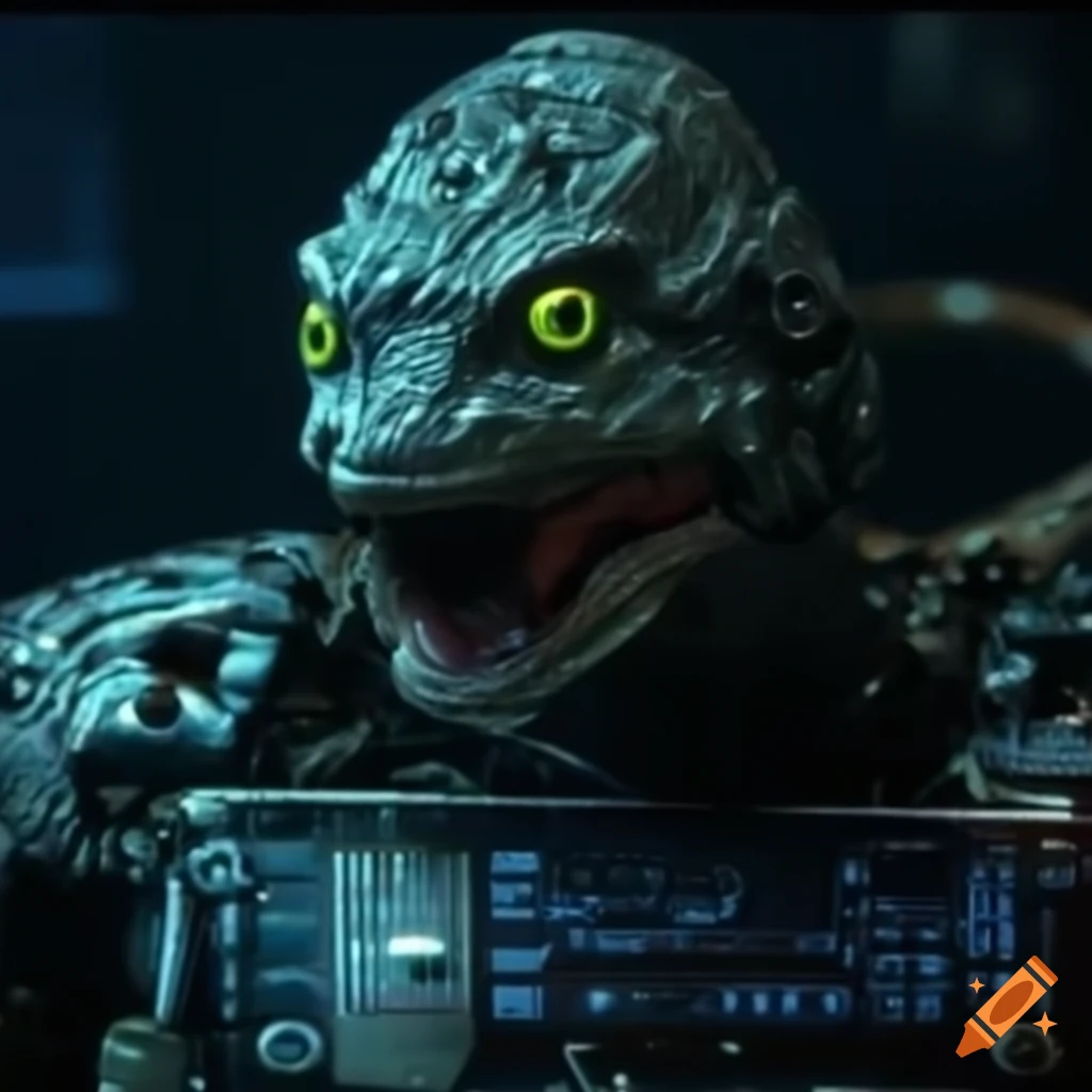 Cyborg salamander with detailed electronic implants, retro 80s netflix  capture