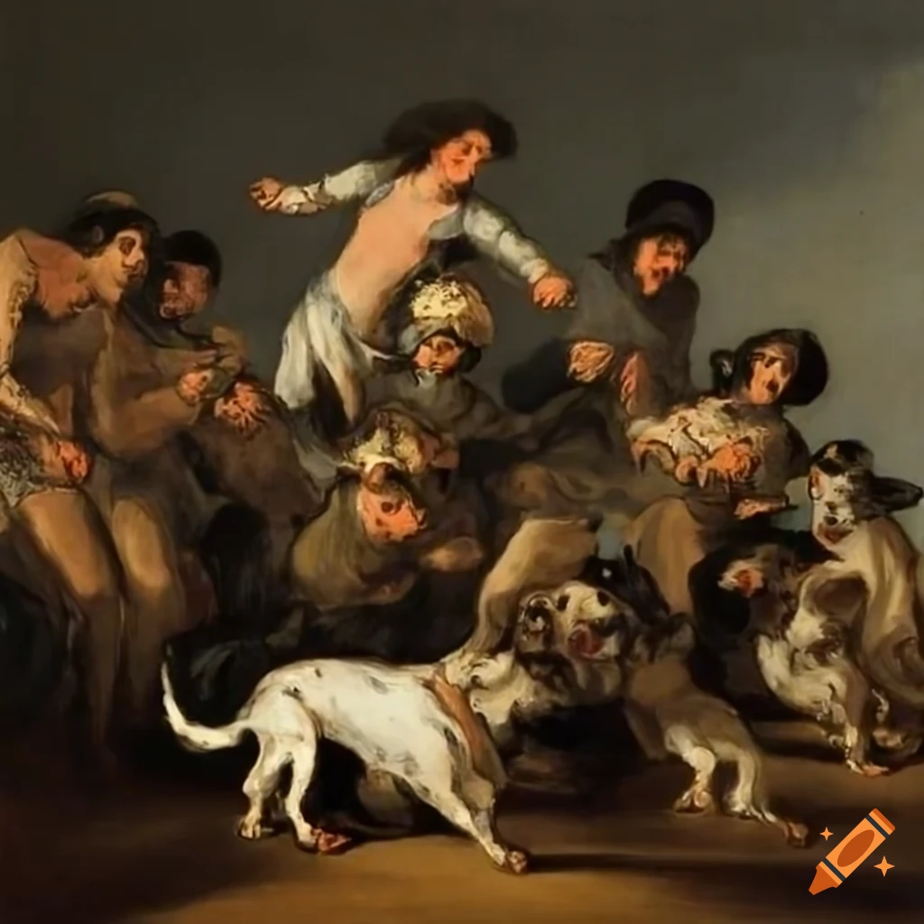 A pack of dogs engaged in a fierce battle, painted by francisco goya