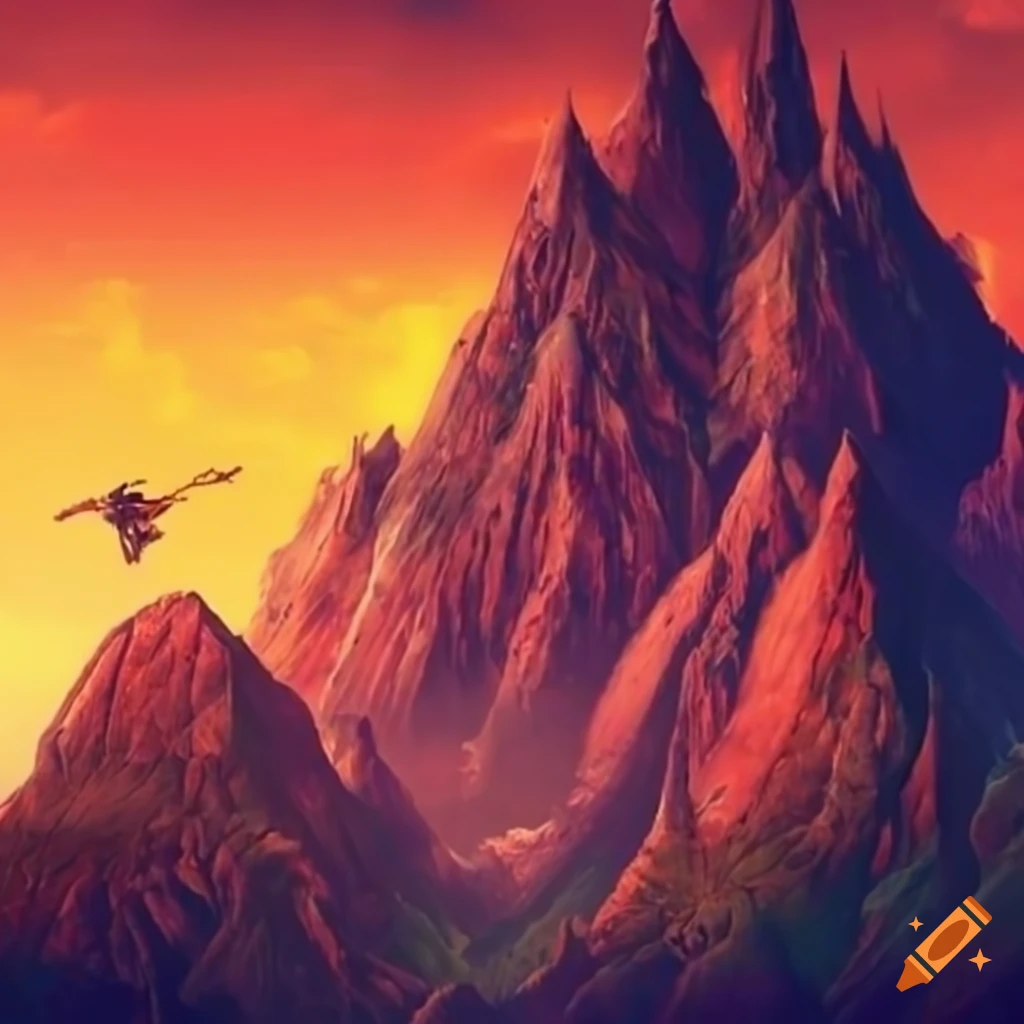 Perched atop a towering, majestic mountain, a formidable red dragon ...