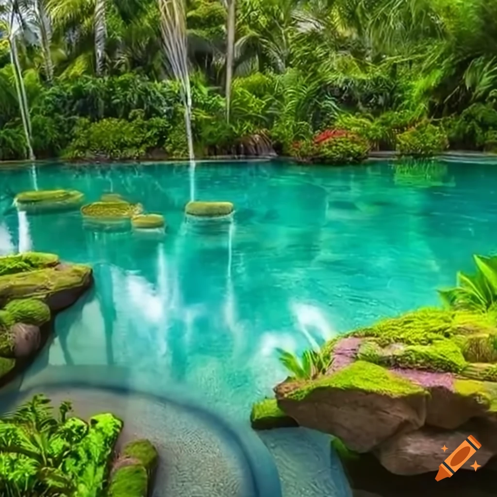 Deep natural pool with palm garden