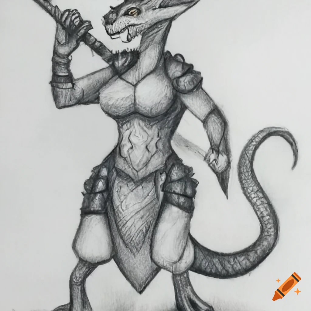 pencil drawing, fantasy art, female kobold creature, full body
