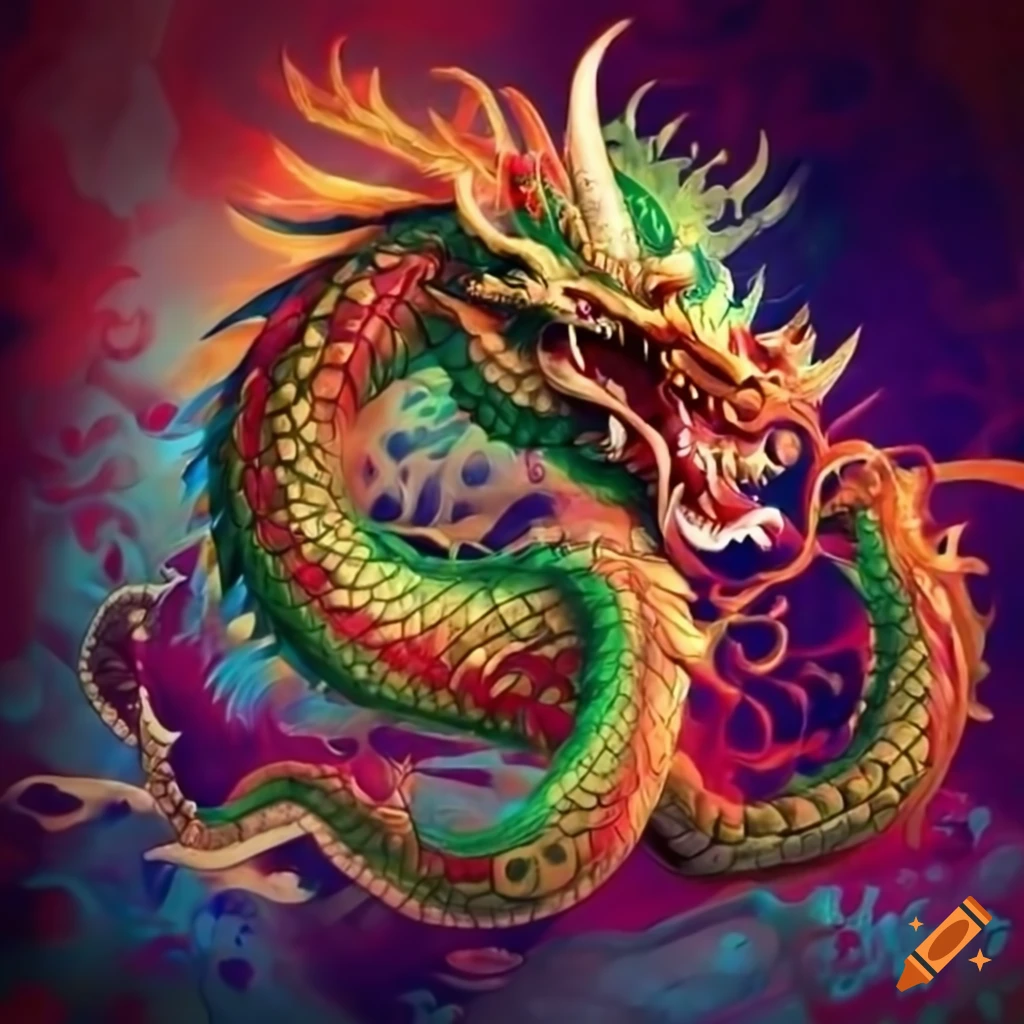 Five chinese styled dragons, different colors, tangled together