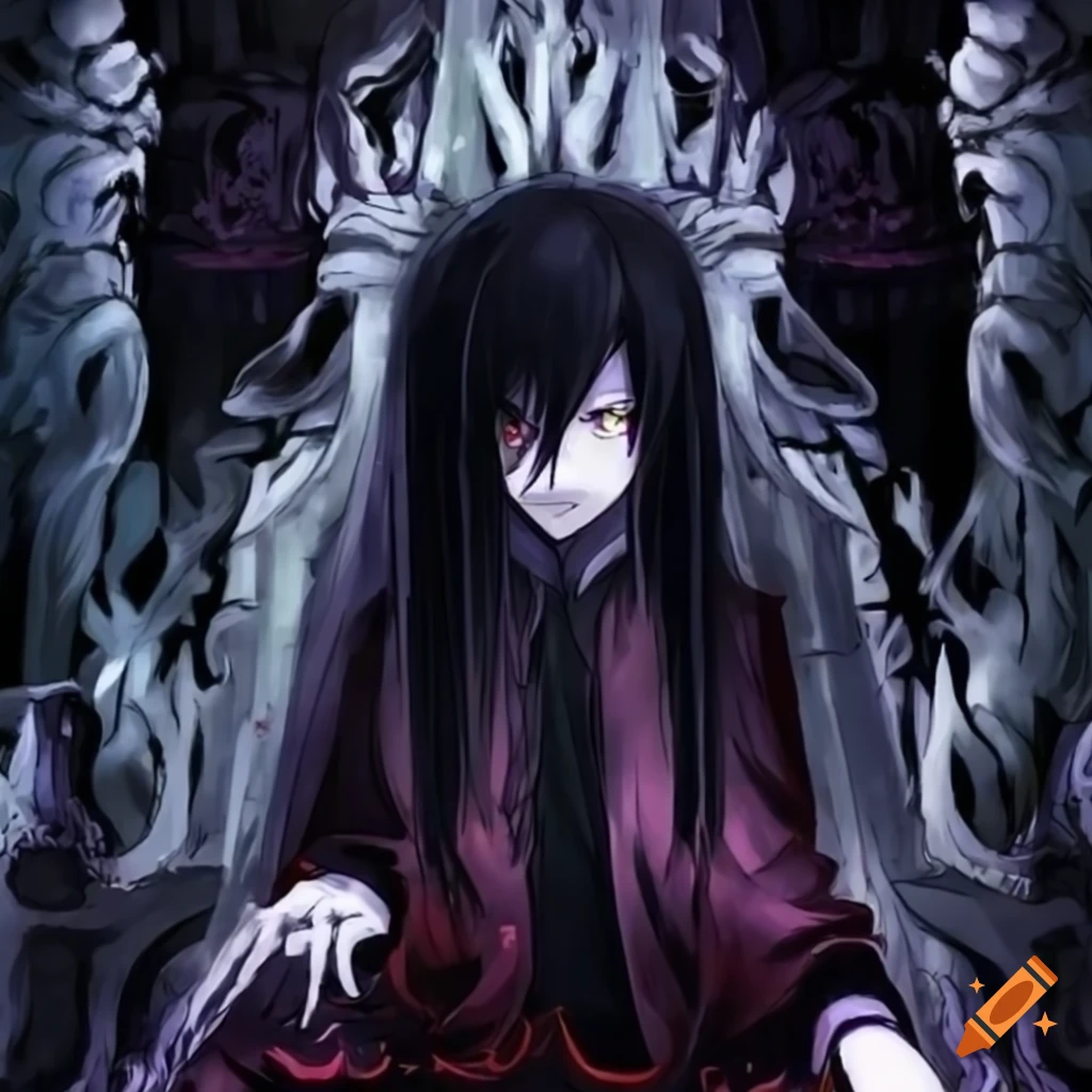 Black-haired female anime character sitting beside sword