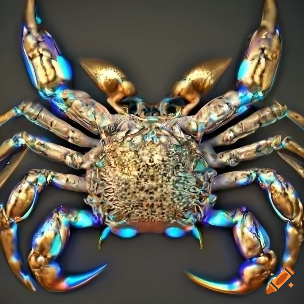 Photo in 3d, hdr, a bioluminescent crab made of silver bronze and gold