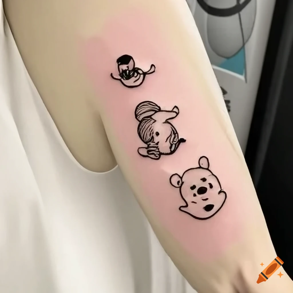 A minimalist vertical one-line all winnie the pooh characters tattoo design  inspo some scribbles down spine on Craiyon