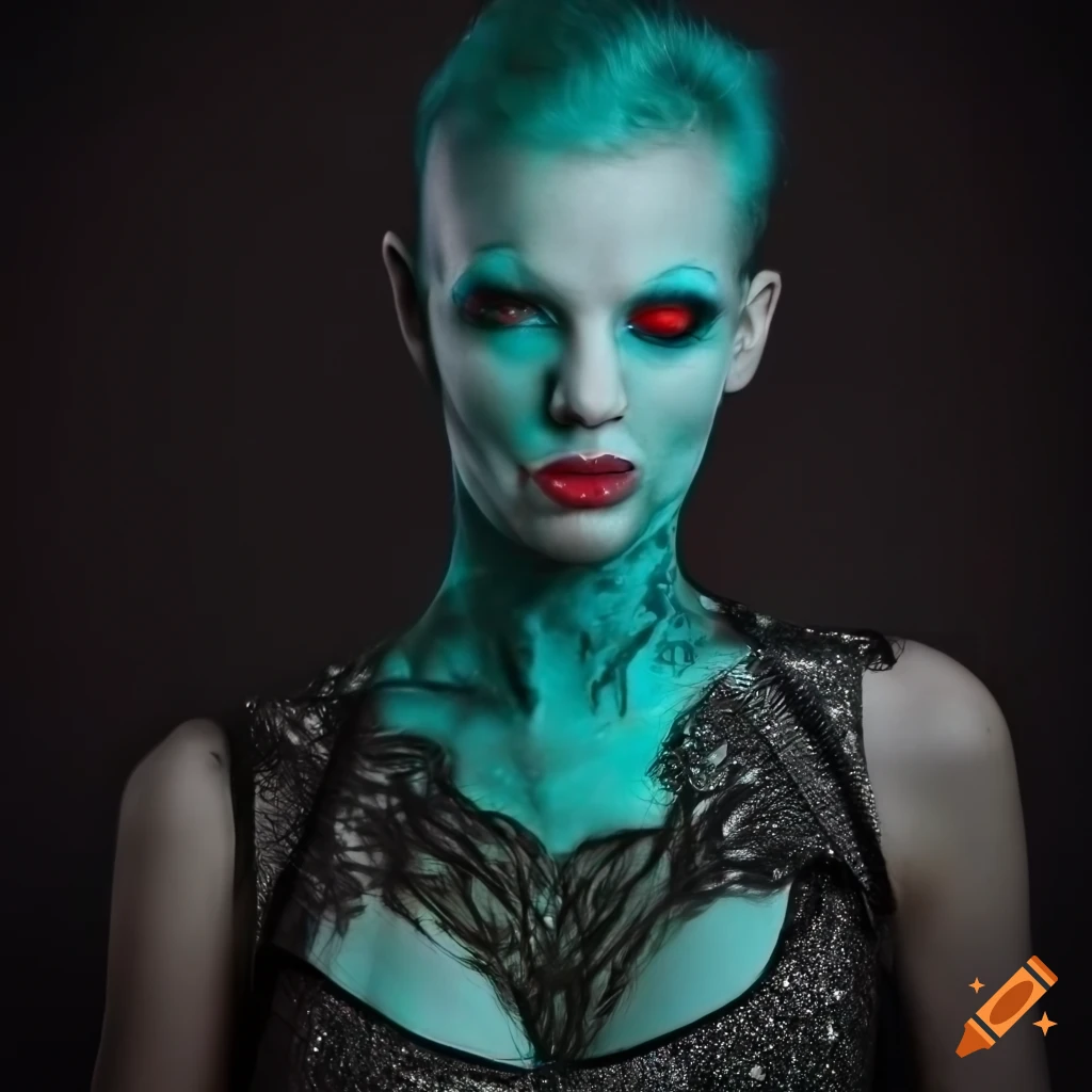 A gaunt looking alienesque tall skinny woman with teal skin, large red ...