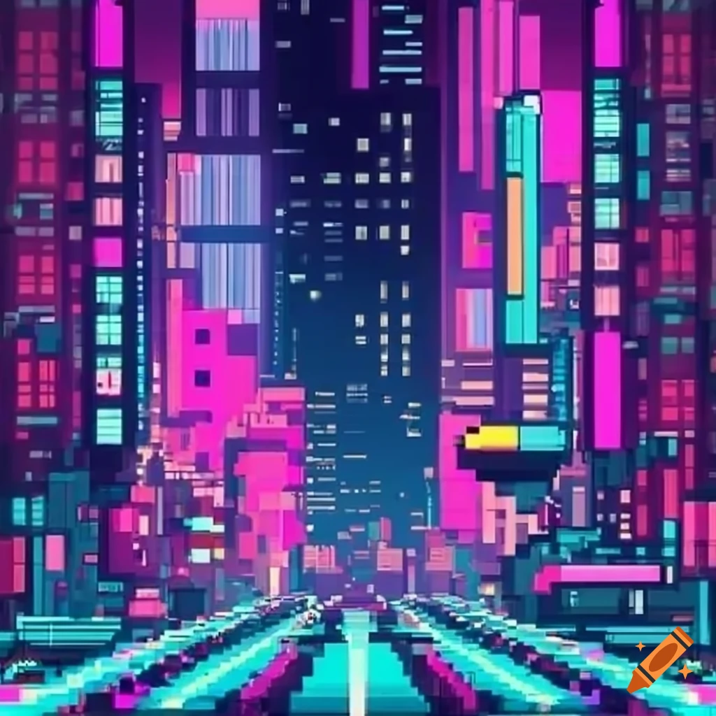 A futuristic neon city in pixel art style spirte multiple pose on Craiyon