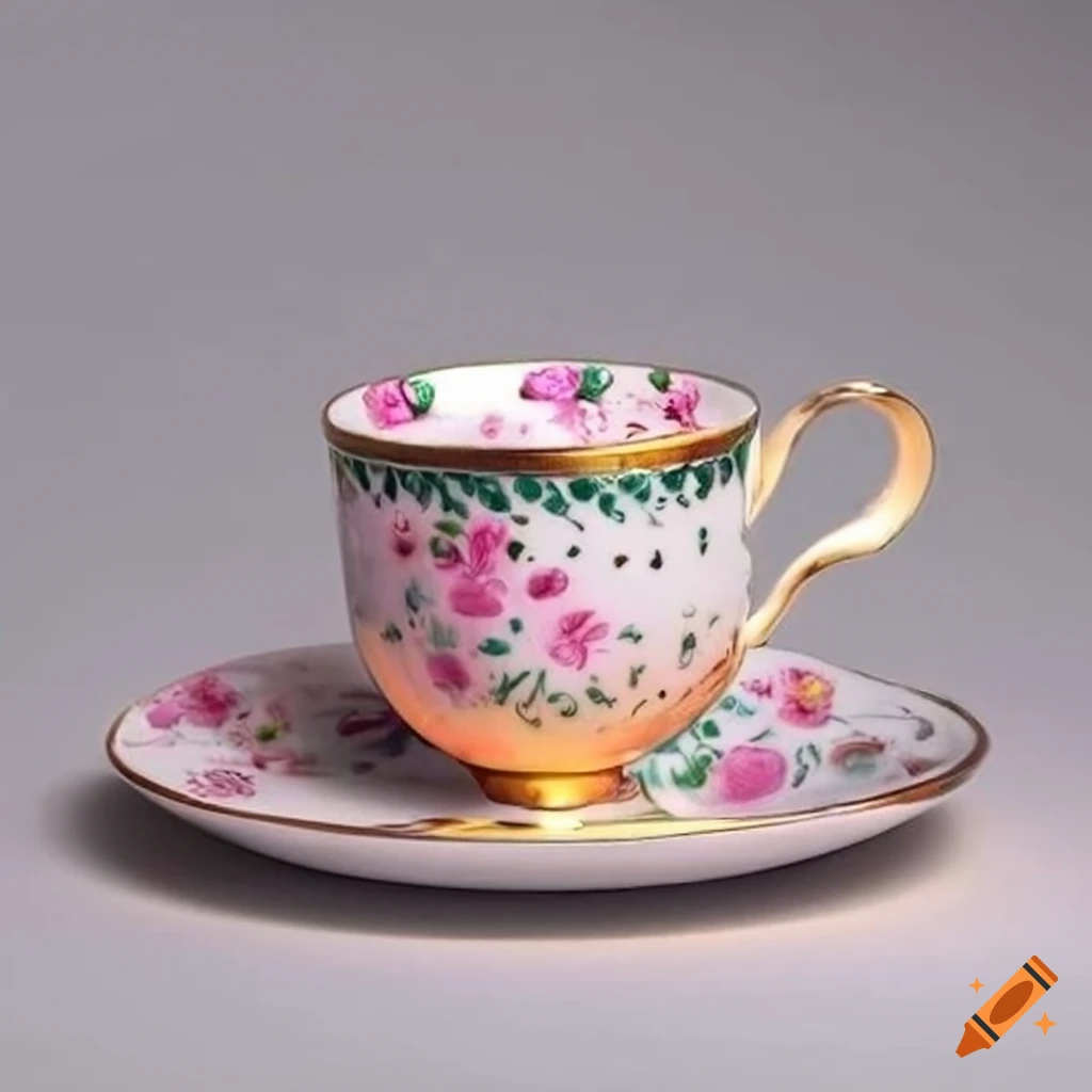 Cute Pastel Colour Vintage Print Ceramic Tea Cup with Plate