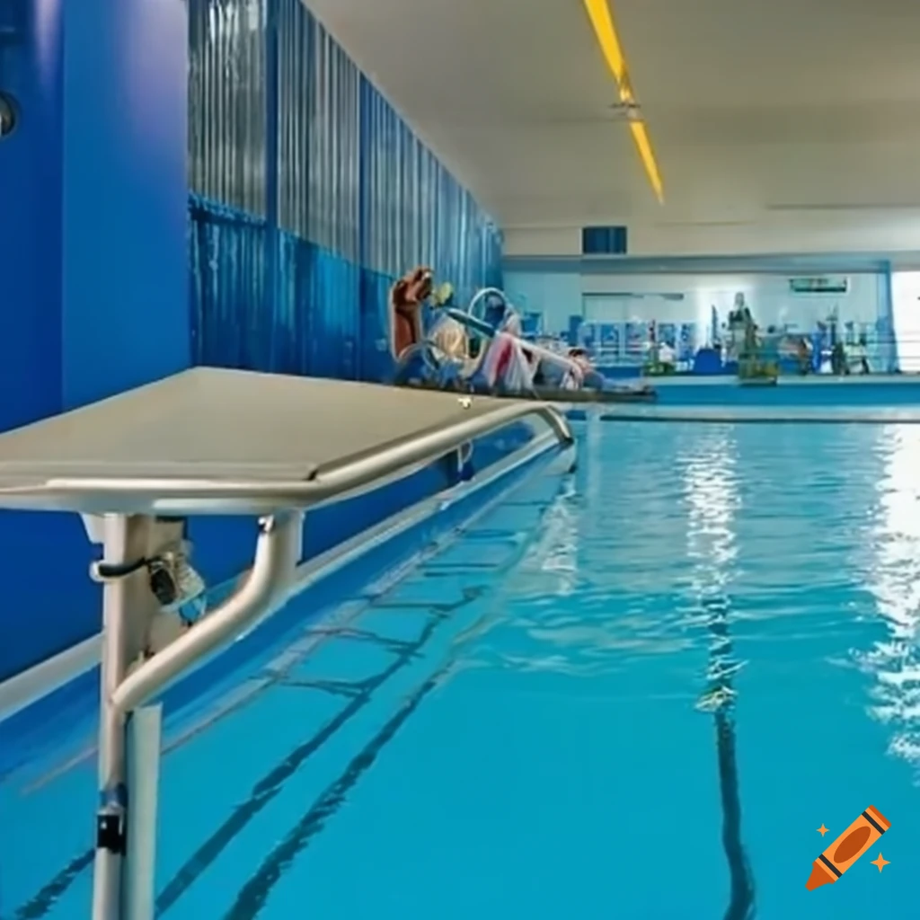 A high diving board in a blue leisure centre