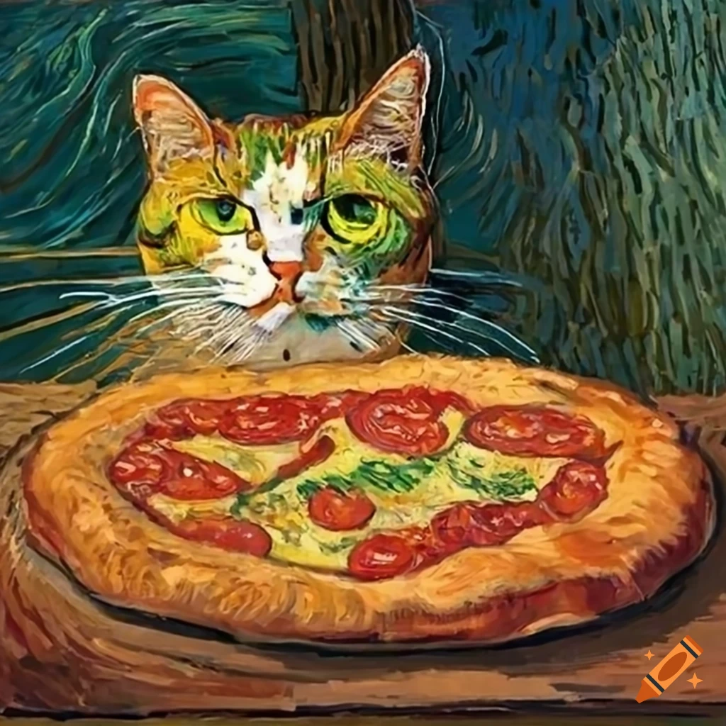 Pizza cat in the style of vincent van gogh