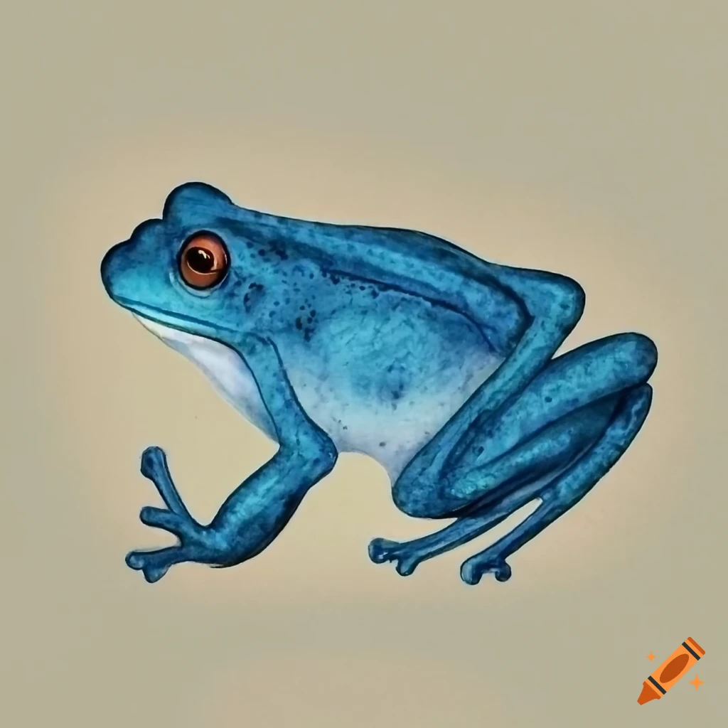 Blue frog drawn using craiyons with realistic light reflections on paper  view from the top to the right side of the frog on Craiyon