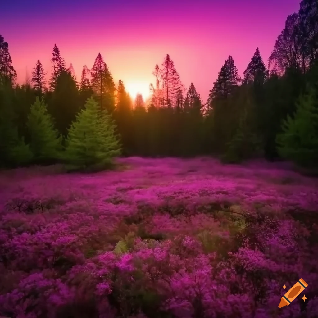 Forest glade during pink sunset with wildflowers