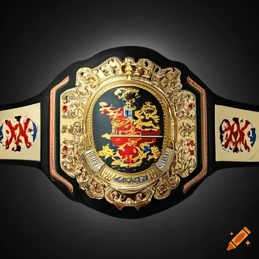 Can you create a british wrestling championship belt in a gold colour with  the british flag integrated as well as featuring a royal lion and a  traditional coat of arms on Craiyon