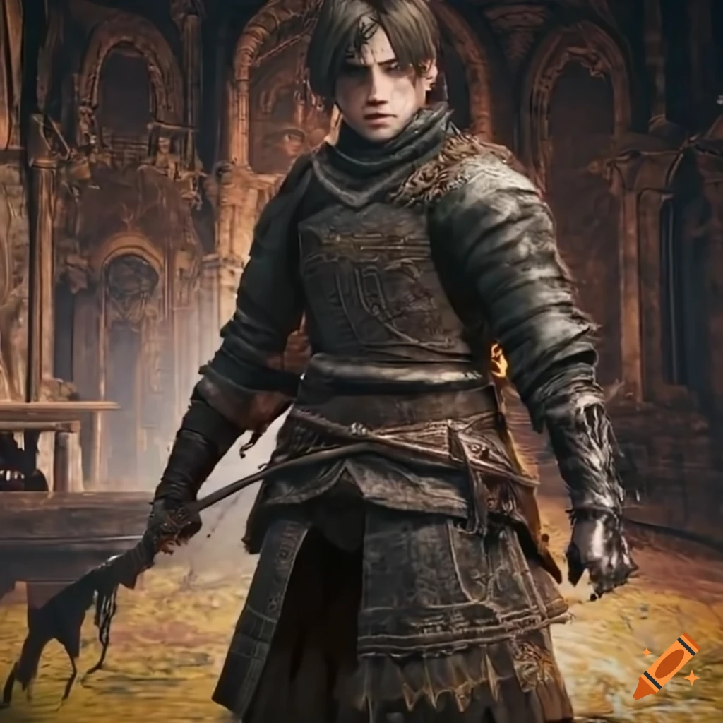 Leon Ring Rer Leon Scott Kennedy facing a challenging boss in Elden Ring on Craiyon