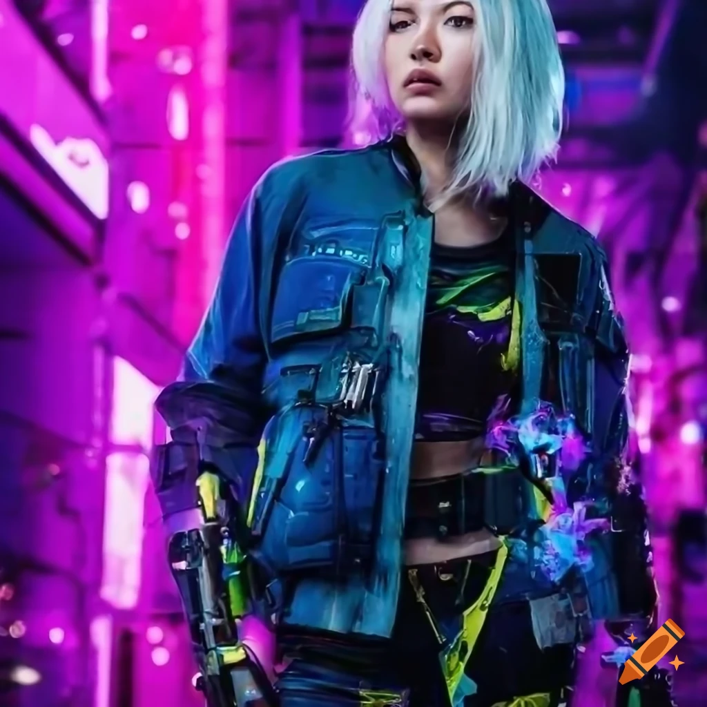 Short haired cyberpunk girl, white hair, colorful splash clothes, several  metal necklaces, futuristic city floor background, james c. christensen  style, --ar (2:3/3:2) no out of frame