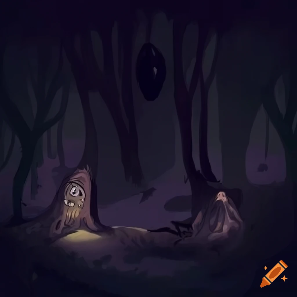 Cartoon style sinister woods filled with haunting shadows and lurking ...