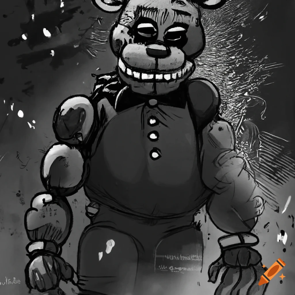 Digital, 2d, anime, manga comic book, black and white filter, horror, an up  close head and torso shot of, fnaf, a strong freddy fazbear and beast  hybrid, with red glowing eyes, and