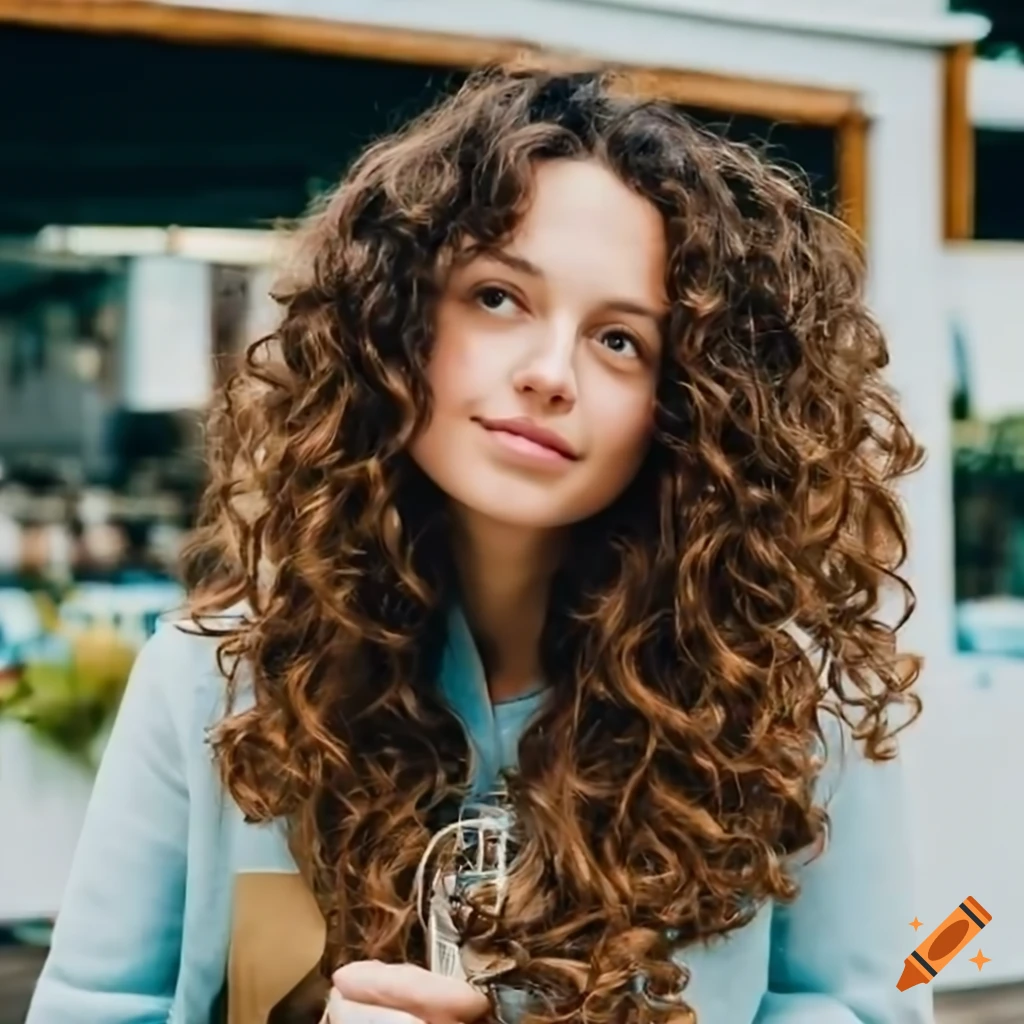 sunny october, young hopeful intelligent curious eastern european woman with brown curly wavy hair, wooden whitewashed cafe outside, beech park, portrait photography, 2014 and 2015 design, 2014 and 2015 fashion, high quality, high detail, real face