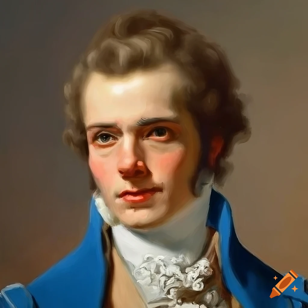 Portrait painting of jason metheney in a beautiful blue and red coat in