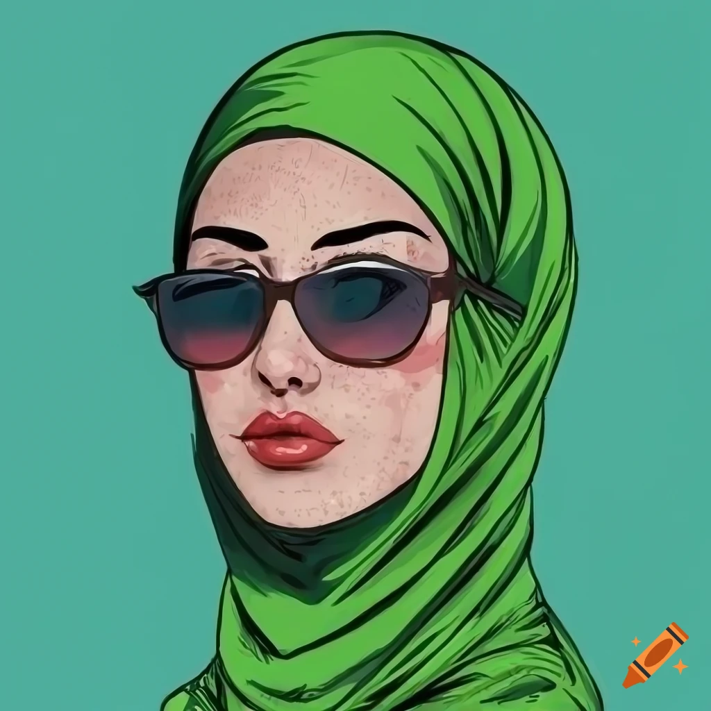 hijabi woman portrait from chest up, wearing sunglasses and a sqge green hijab, has freckles, in pop art spiderman comic book artstyle