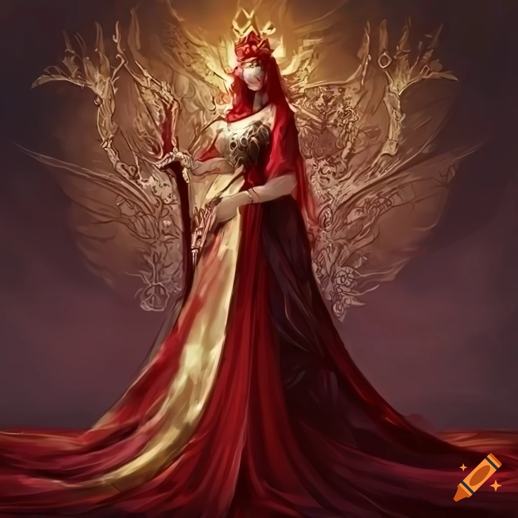 Fantasy queen with long crimson hair and a beautiful gown. golden
