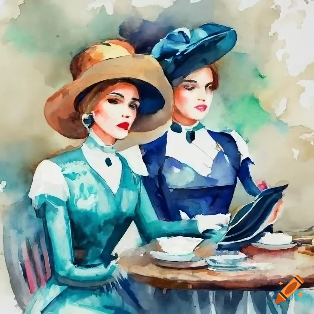 Watercolor painting of two elegant women in a victorian-style café