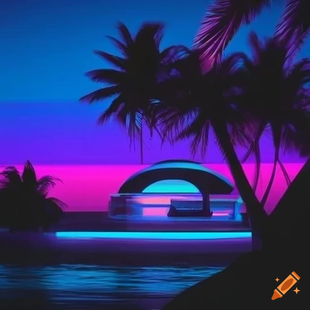 Retro futurist house on beach synth wave purple neon sunset and palm tree