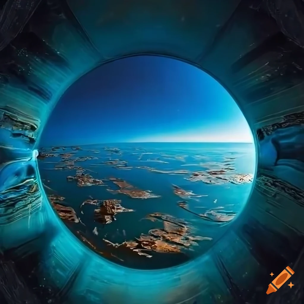 View from a spaceship screen on alien landscapes and exotic wildlife ...