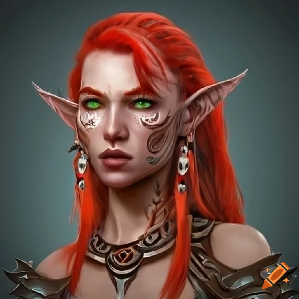 Fantasy warrior elf with red hair and red tribal marks on Craiyon