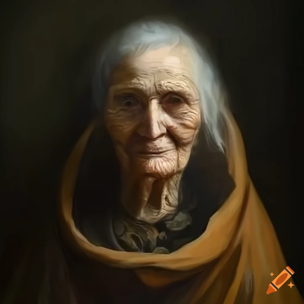 Old woman with piercing eyes and a sly smile. she wears a cloak made of ...