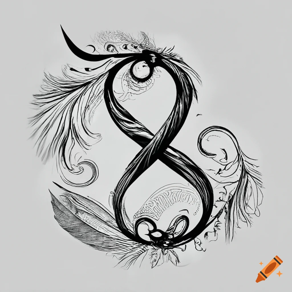 Detailed black and white tattoo featuring an infinity symbol and a feather  on a white background on Craiyon