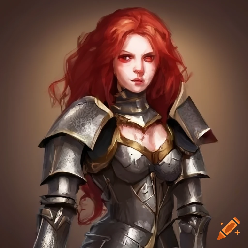 Concept art of a female knight with long scarlet hair golden eyes and ...