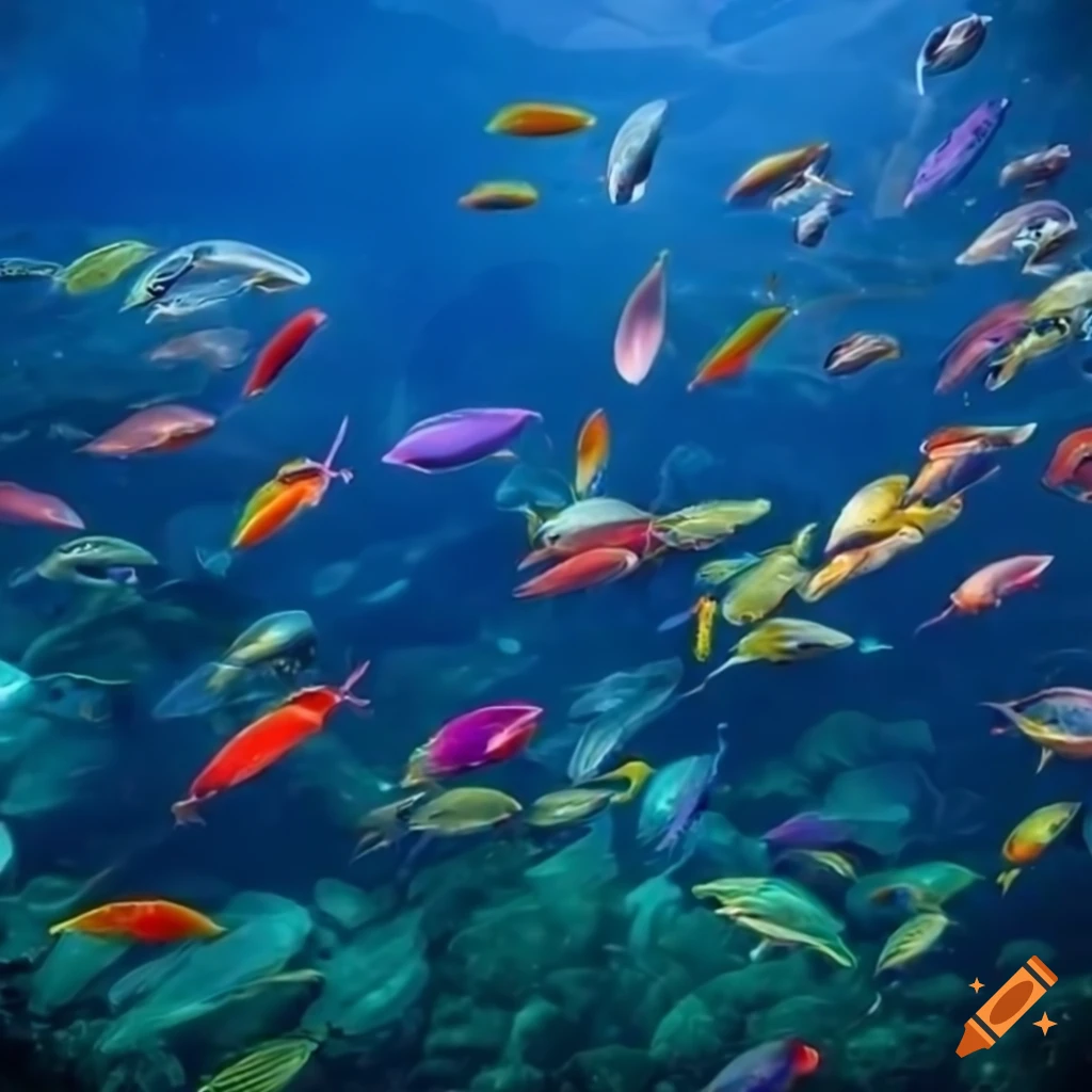 Create a photo of a fantastic deep-sea landscape with a colorful school ...