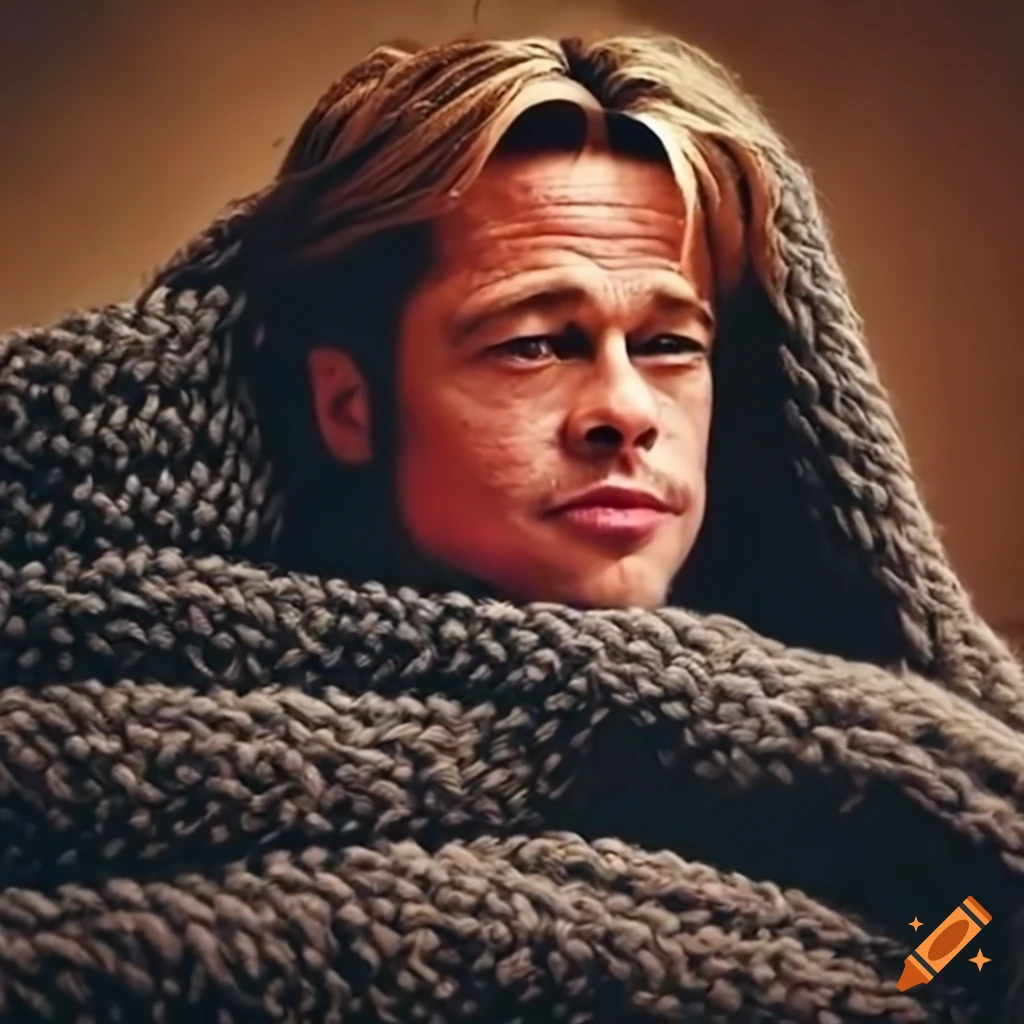 Brad pitt cuddled into a huge cozy knitted blanket on Craiyon