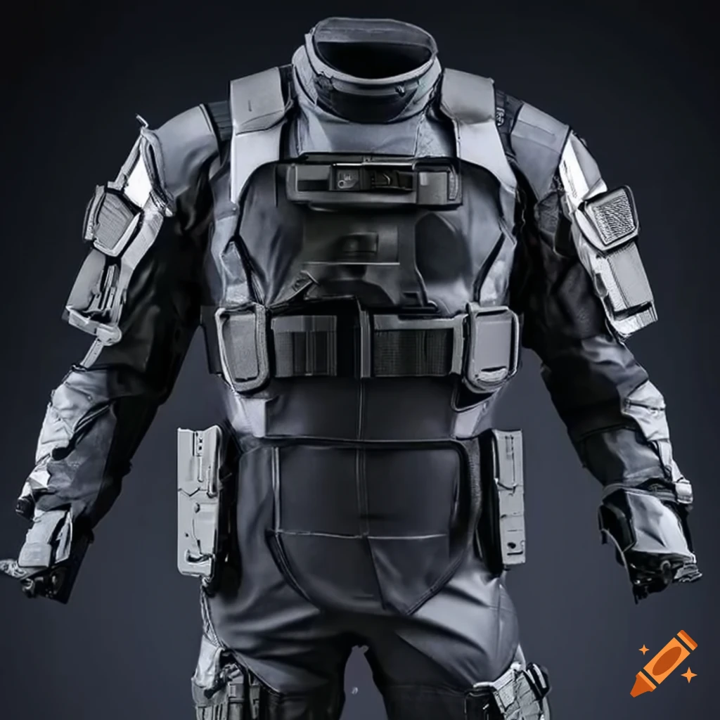 Heavy tactical combat suit, reactive plating, gray and black colors on  Craiyon