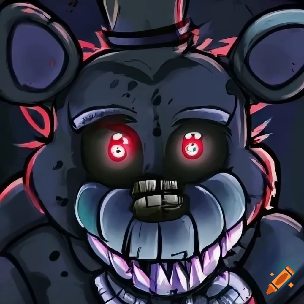 Digital, 2d, anime, manga comic book, black and white filter, horror, an up  close head and torso shot of, fnaf, a strong freddy fazbear and beast  hybrid, with red glowing eyes, and