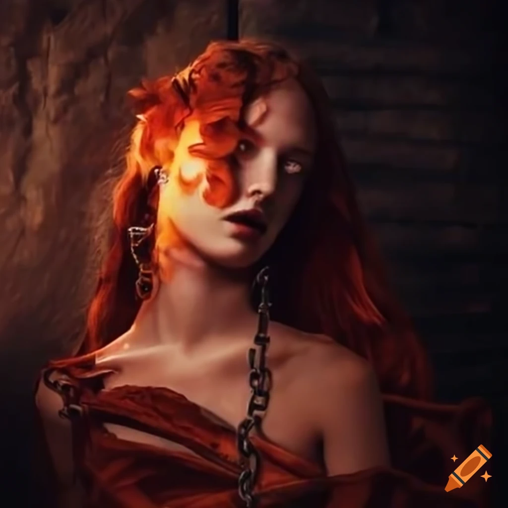 A maiden chained in a dungeon kept by a fire-breathing dragon