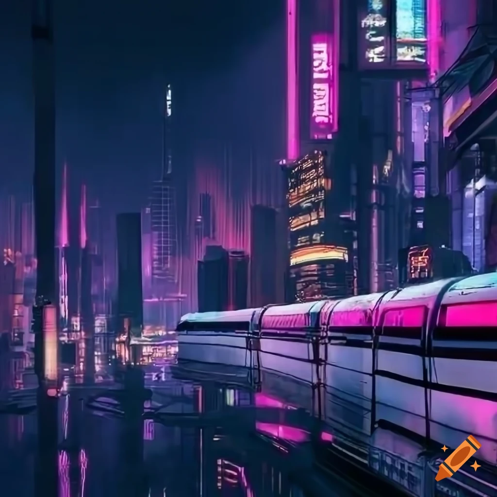 Las vegas monorail. background is a bright cyberpunk city skyline