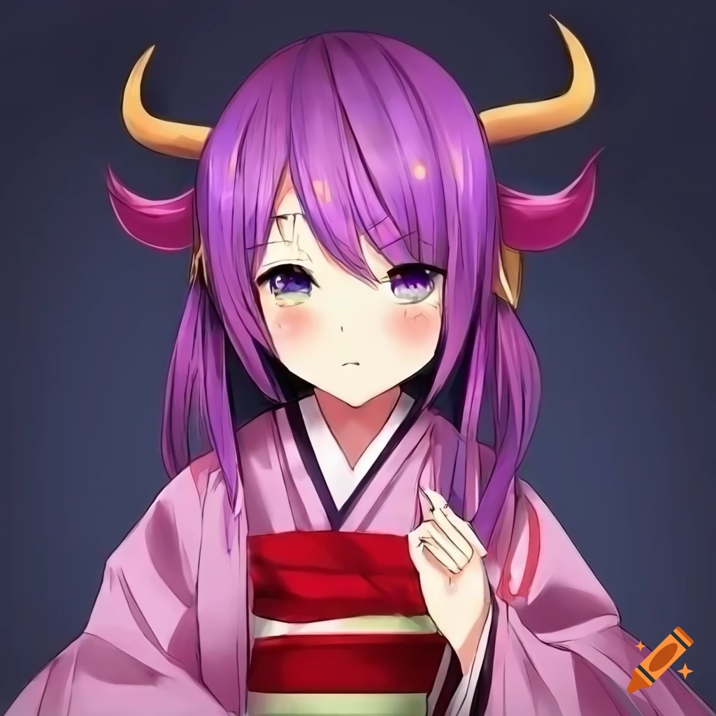 Anime girl with purple hair and green eyes with horns in a kimono on ...