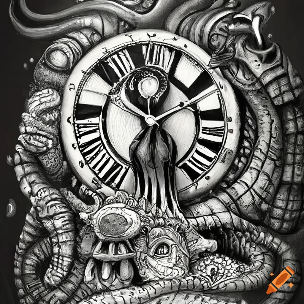 Joe Fenton drawing decor black and white microcosme many creatures surrealist aliens objects clock musical