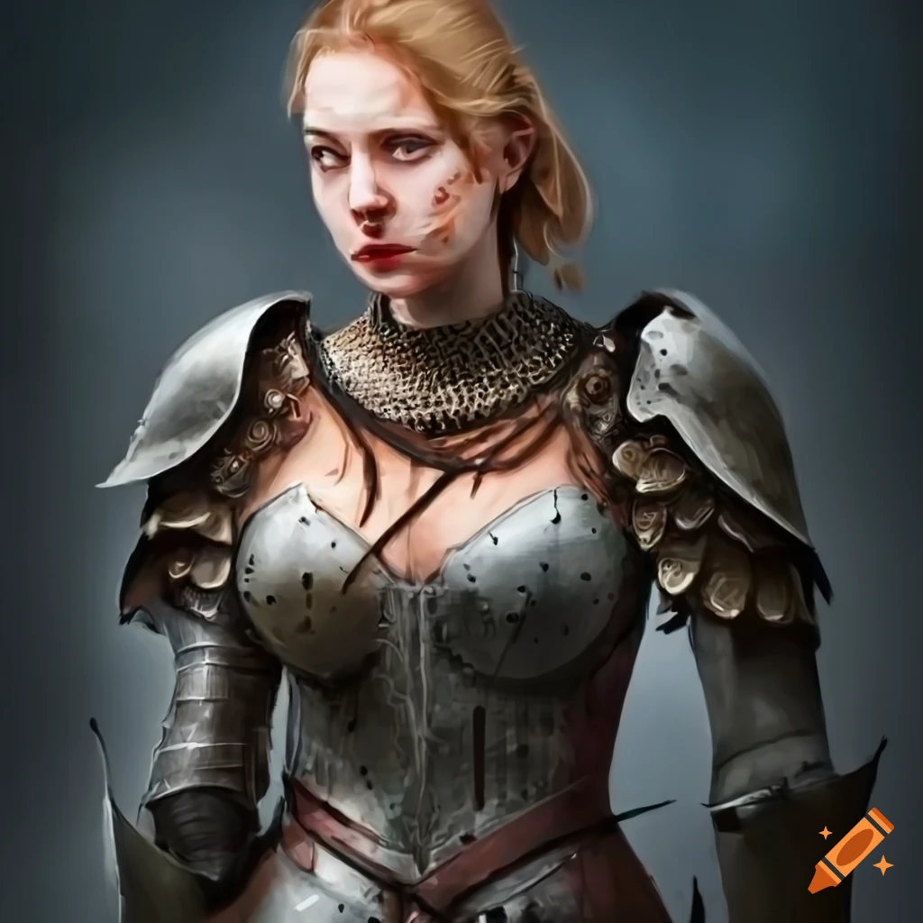 Portrait of a female knight with visible battle-scars on her face on ...