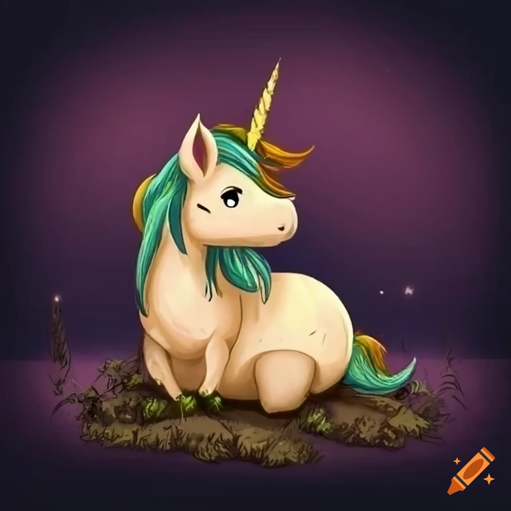 unicorn with a muddy belly stuck in the muck in a muddy swamp