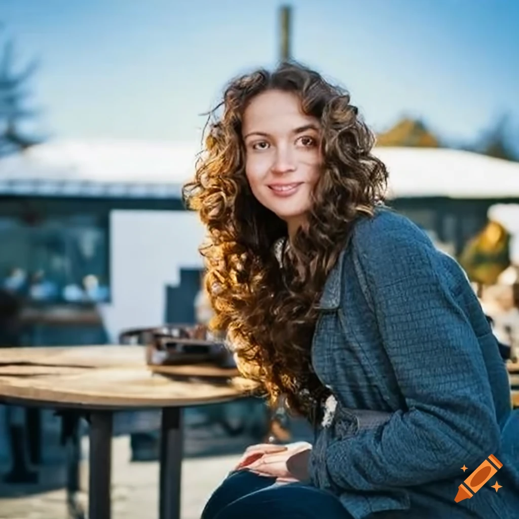 Portrait of smiling young woman with brown curly hair sitting in