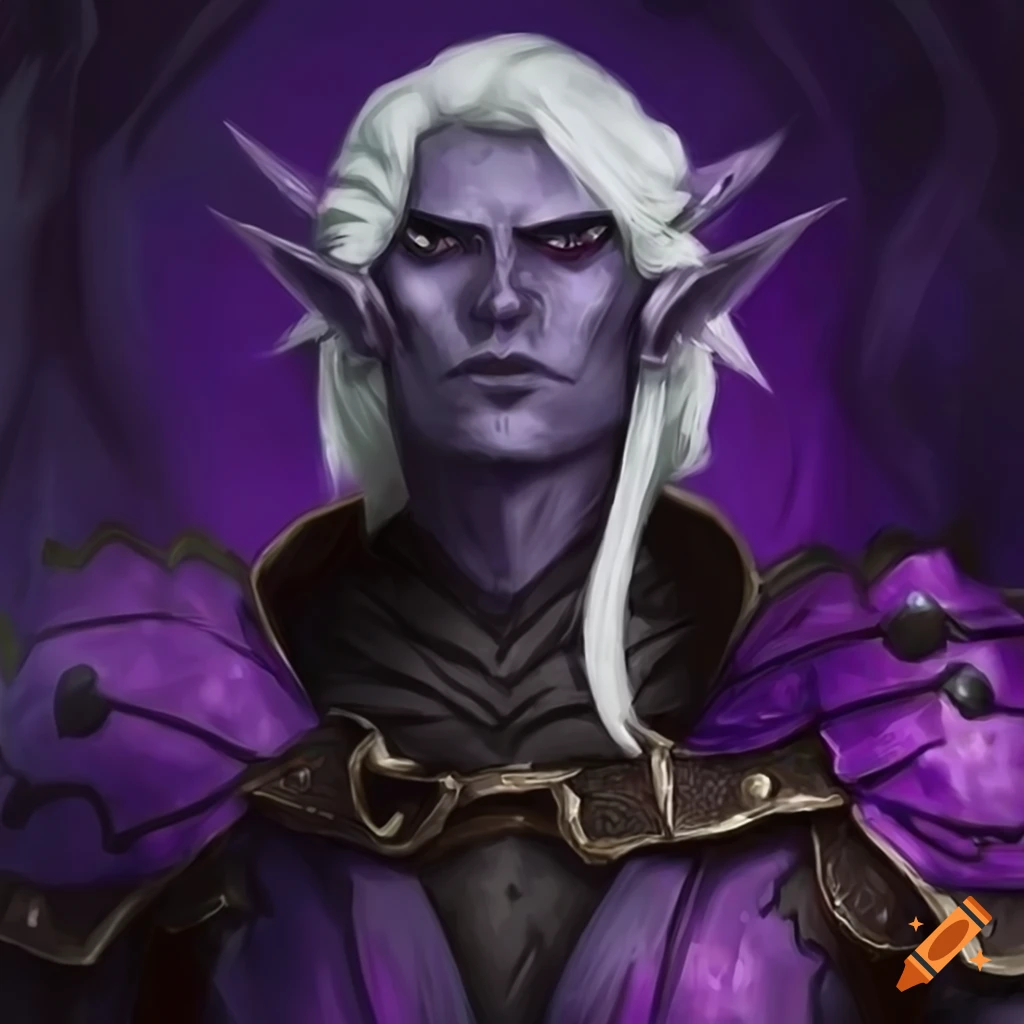 Male drow warlock with black hair, black and purple leather armor ...