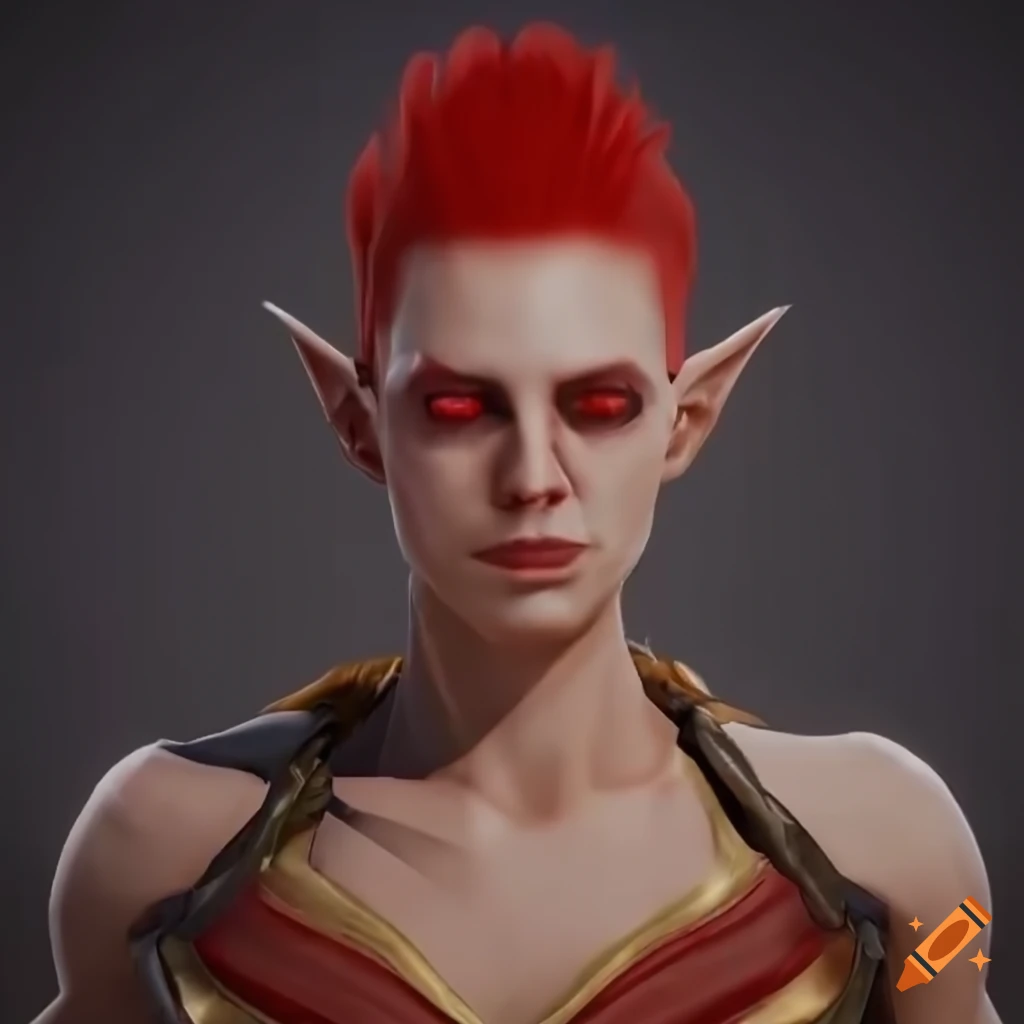 Unreal engine 5 pale-white-skinned, shaved head with red ponytail ...